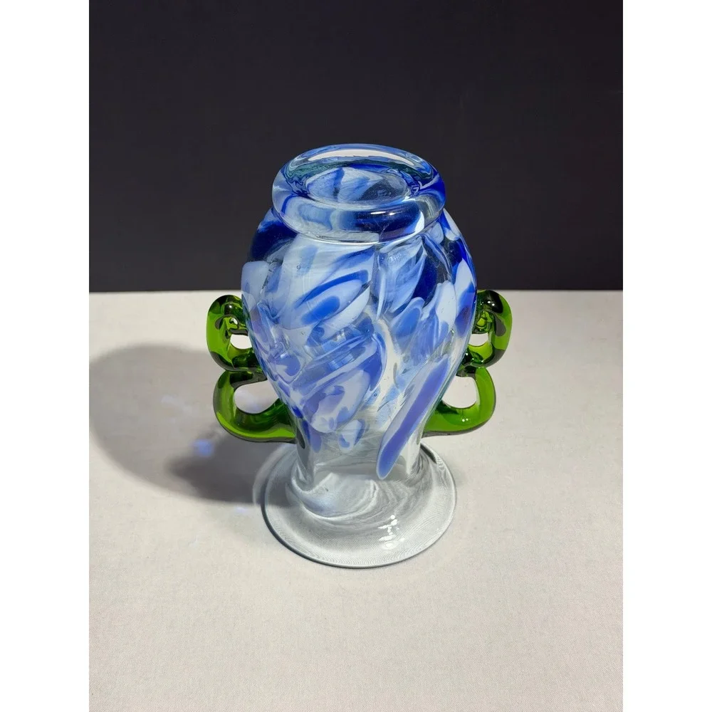 Pier 1 Imports Blue white Swirl Hand Blown Glass Vase with Green Handles